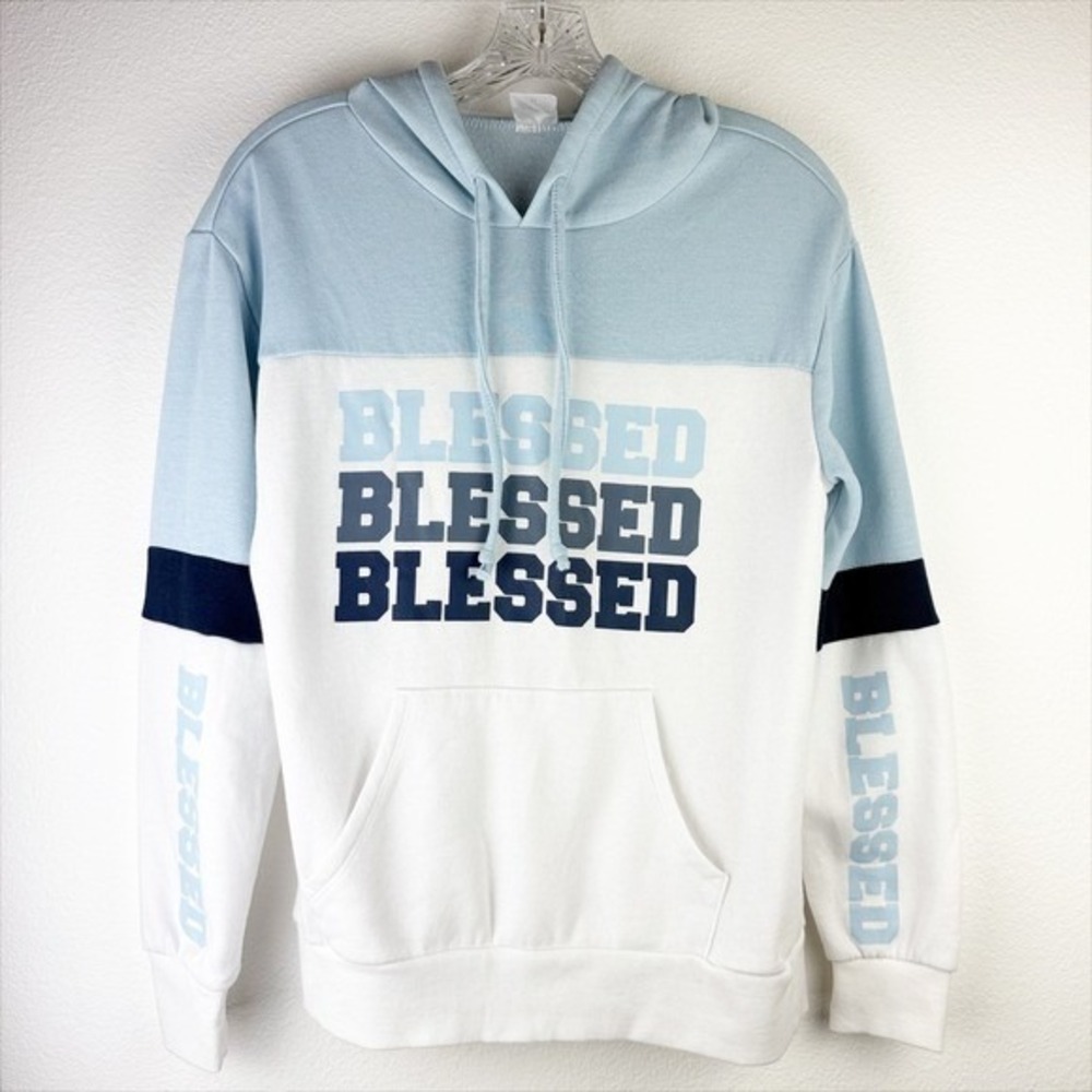 Juniors Blessed Colorblock Hoodie Blue White Graphic Sweatshirt M 7-9